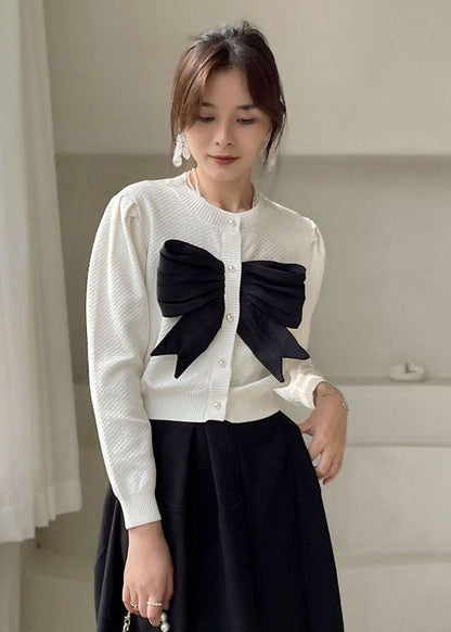 White Button Bow Knit Shirt Tops Spring