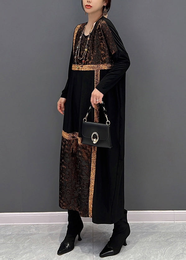 Black O Neck Organza Patchwork Cotton Dress Fall