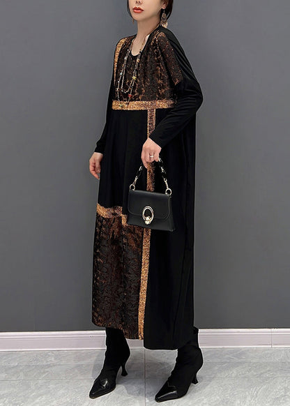 Black O Neck Organza Patchwork Cotton Dress Fall
