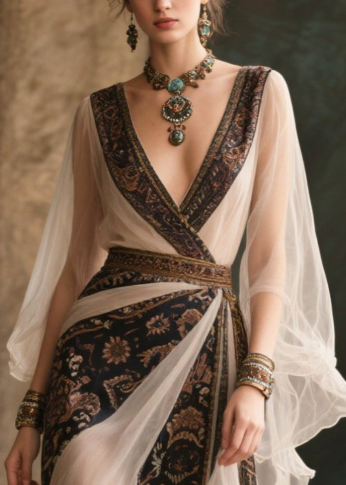 French Colorblock Asymmetrical Patchwork Tulle Dinner Dress Fall