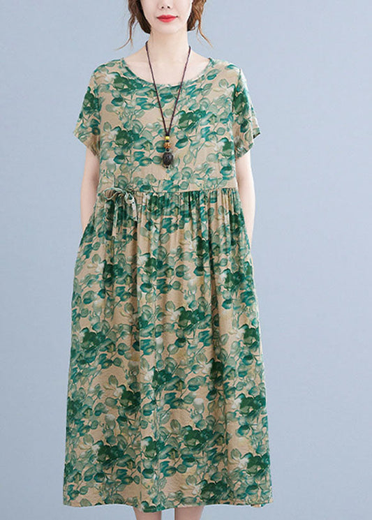 Boutique Green O-neck Tie Waist Print Wrinkled Cotton Linen Vacation Dress Short Sleeve