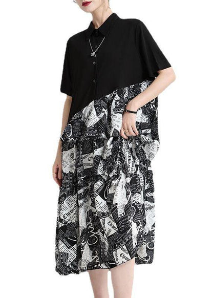 Natural Black Print Patchwork Summer Button Maxi Dresses