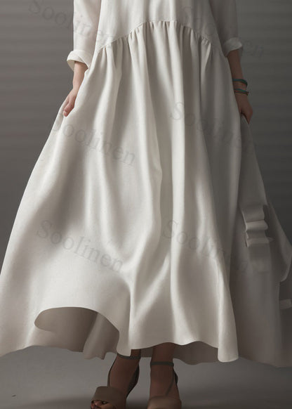 Beige V Neck Wrinkled Patchwork Silk Dress Long Sleeve