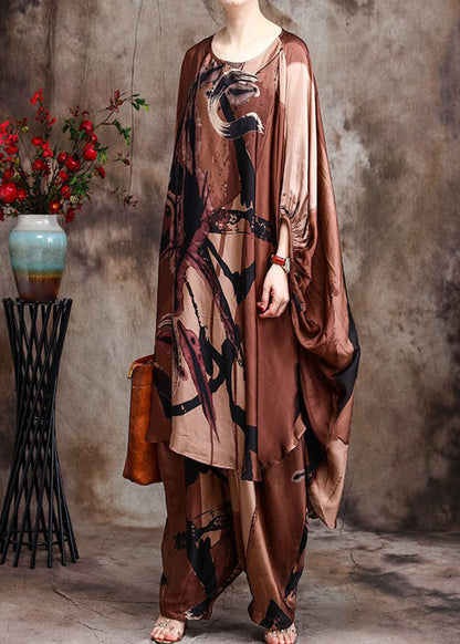 Baggy Chocolate Print Silk Dress and Wide Leg Pants Two Piece Suit Set Batwing Sleeve