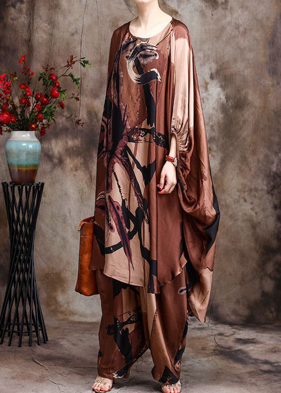 Baggy Chocolate Print Silk Dress and Wide Leg Pants Two Piece Suit Set Batwing Sleeve