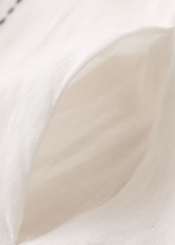 White Embroideried Low High Design Cotton Linen Long Shirt Top Long Sleeve