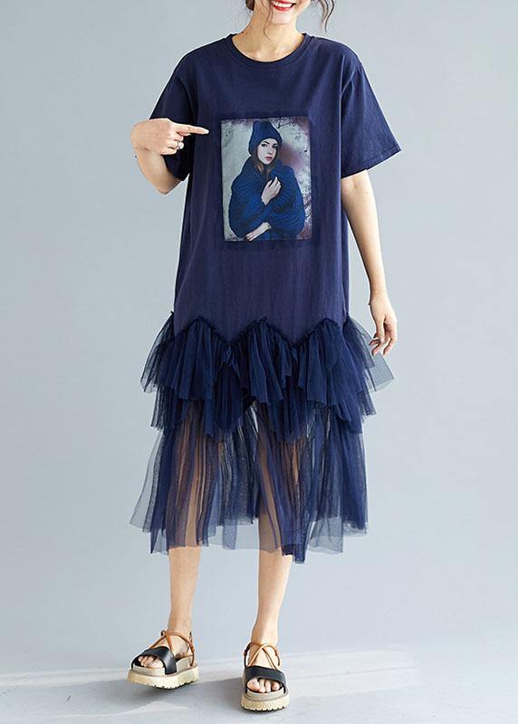 Classy Navy Patchwork Character Pattern Short Sleeve Robe Dresses