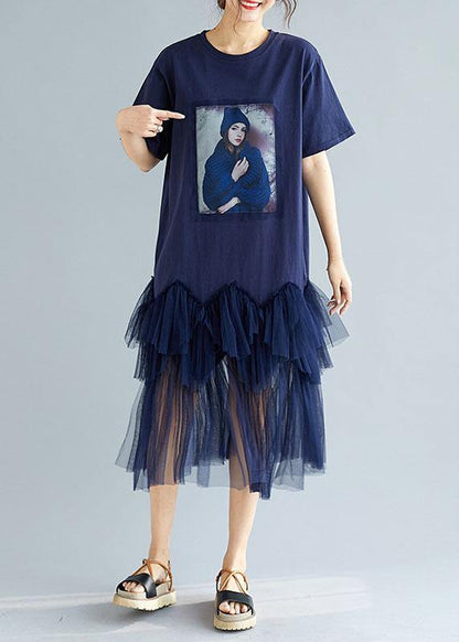 Classy Navy Patchwork Character Pattern Short Sleeve Robe Dresses
