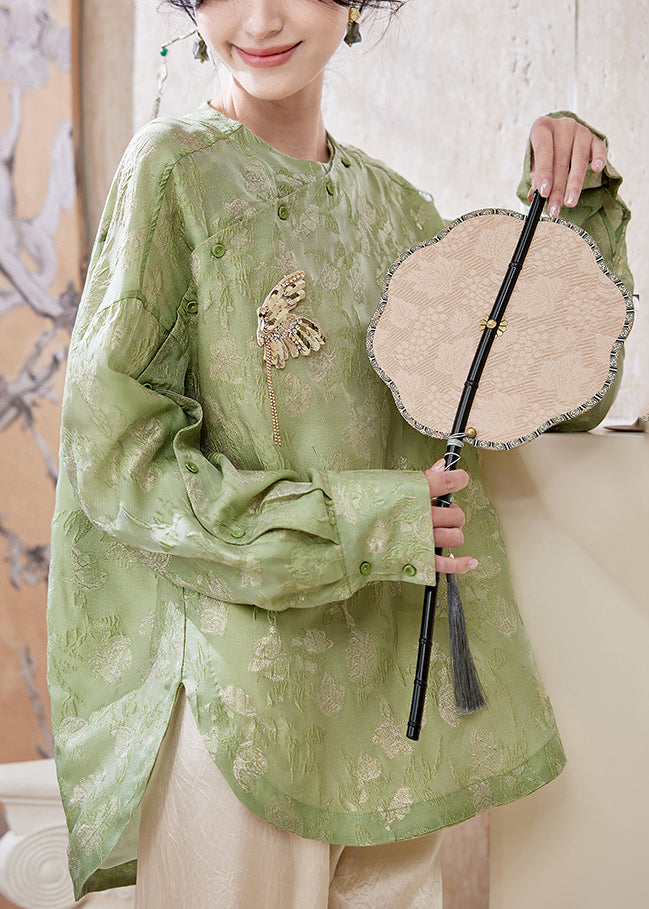 Chinese Style Green O-neck Butterfly Low High Design Chiffon Top Lanter Sleeve