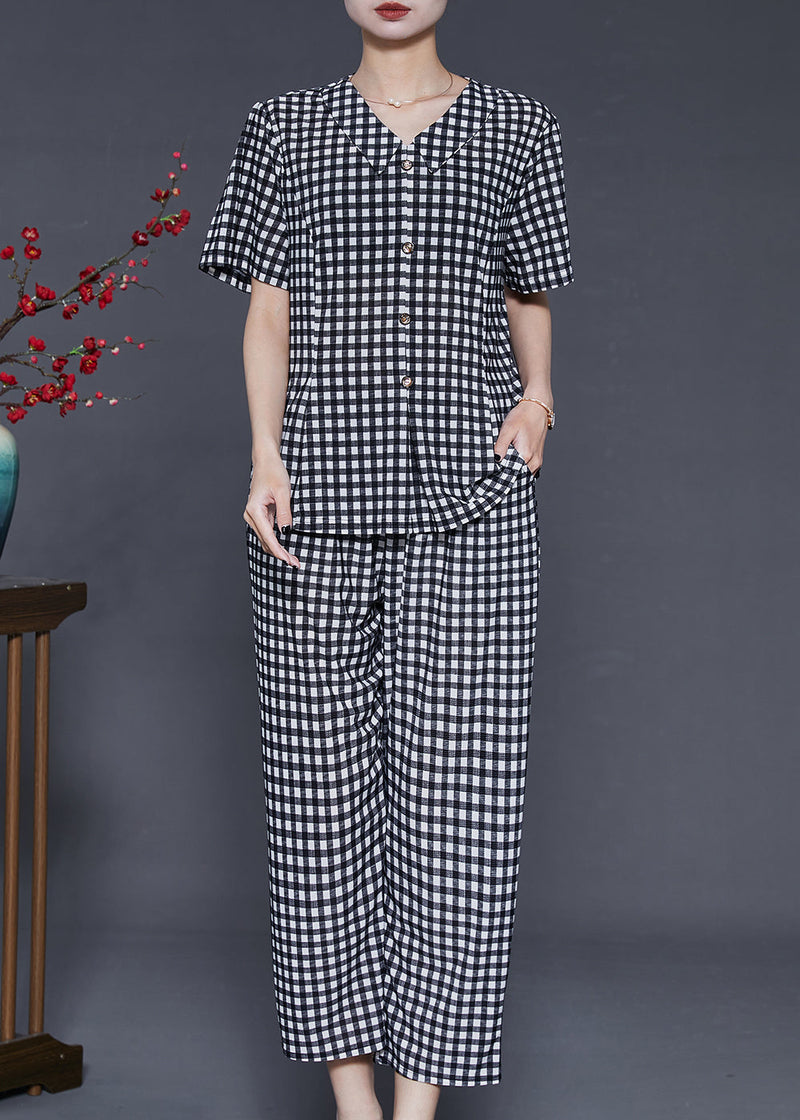 Unique Grey Oversized Plaid Linen Two Piece Set Summer