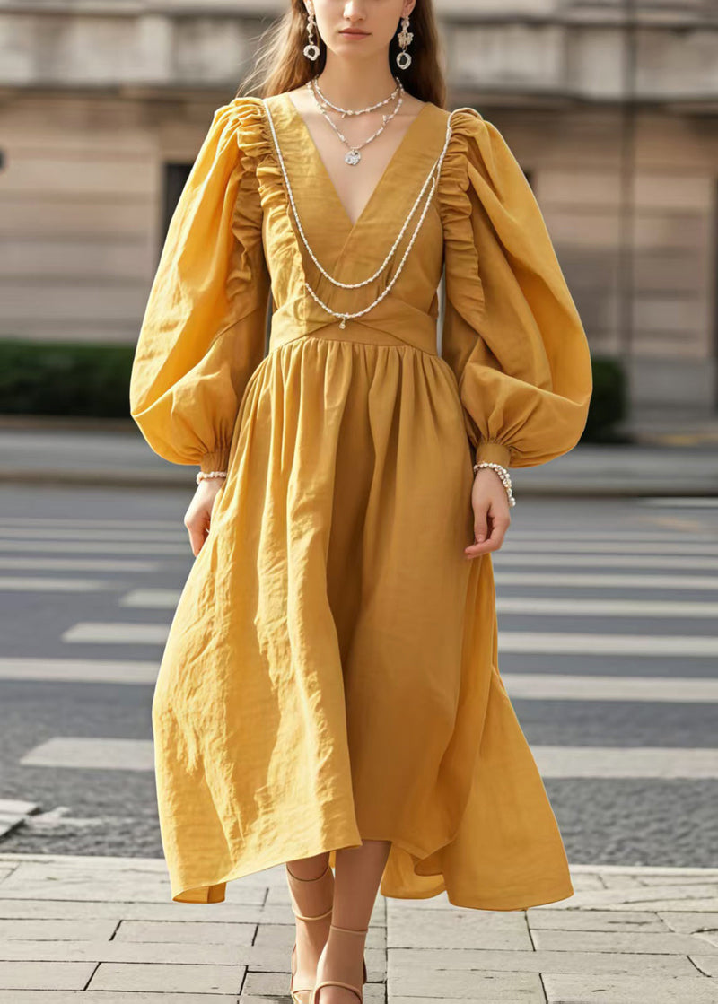 Yellow V Neck Wrinkled Cotton Party Dress Lantern Sleeve