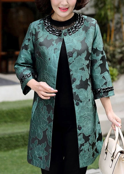 Green O-neck Jacquard Spandex Long Coats Bracelet Sleeve