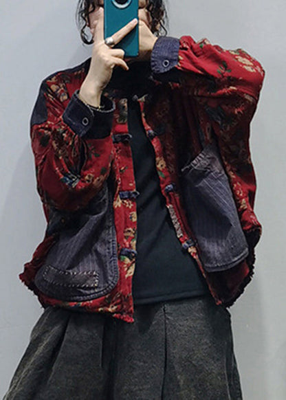 O-neck Button Big Pockets Patchwork Print Cotton Coats Long Sleeve