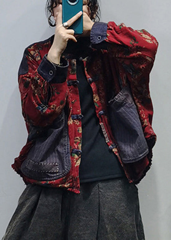O-neck Button Big Pockets Patchwork Print Cotton Coats Long Sleeve