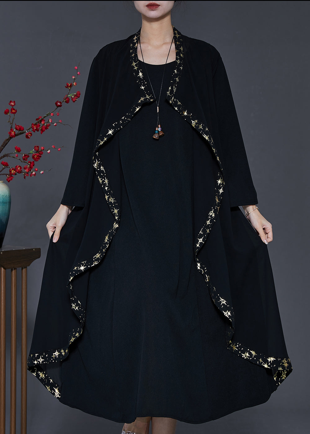 Black Ruffled Patchwork Chiffon Maxi Dresses Spring