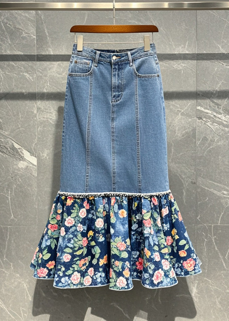 Blue Patchwork Print Denim Wraped Skirt Spring