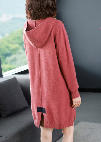 Red Patchwork Knitted Cotton Thread Hooded Sweater Dress Fall