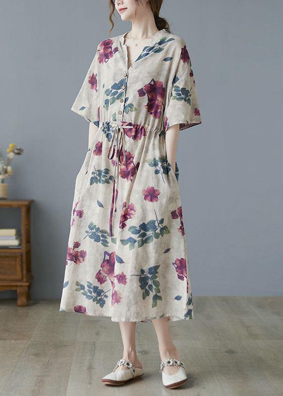 Modern Khaki V Neck Button Summer Tie Waist Party Dresses Half Sleeve