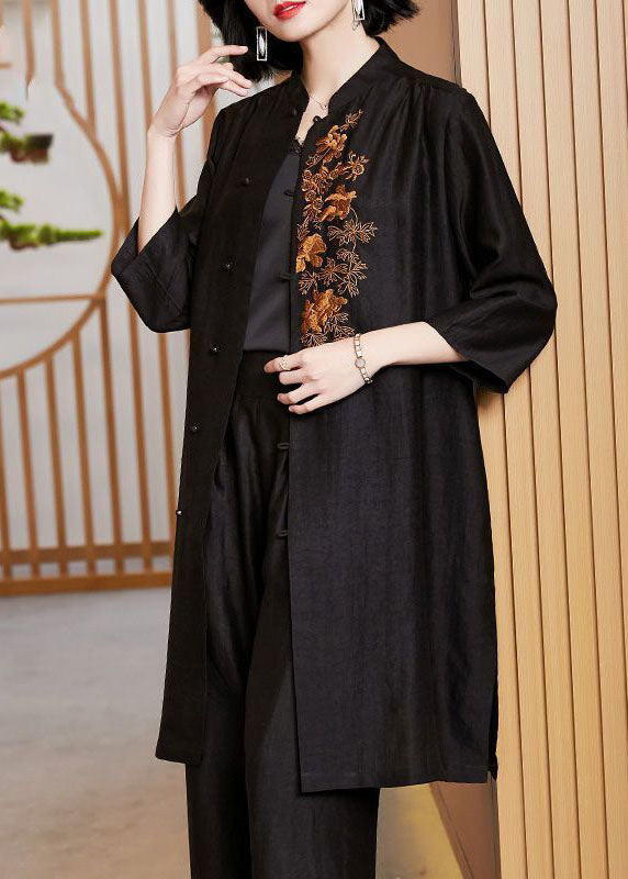 Art Black Stand Collarembroideried Silk Long Tops Bracelet Sleeve