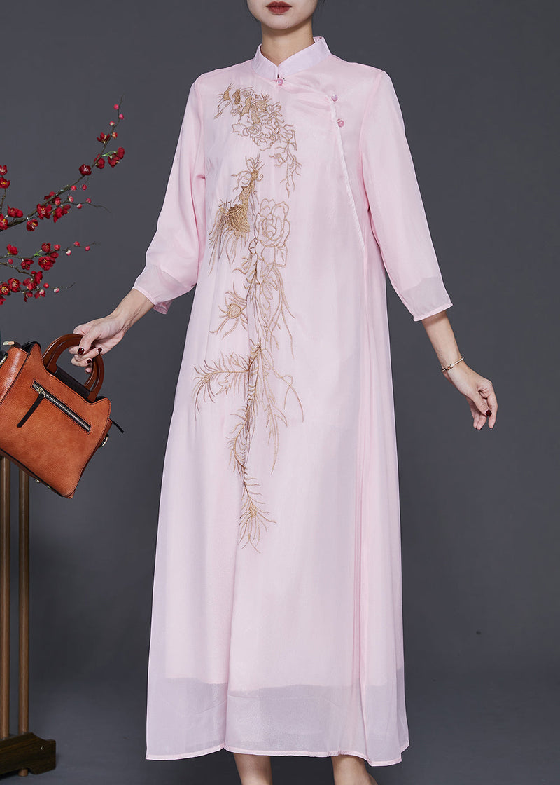 Organic Pink Embroidered Chiffon a Line Dress Bracelet Sleeve
