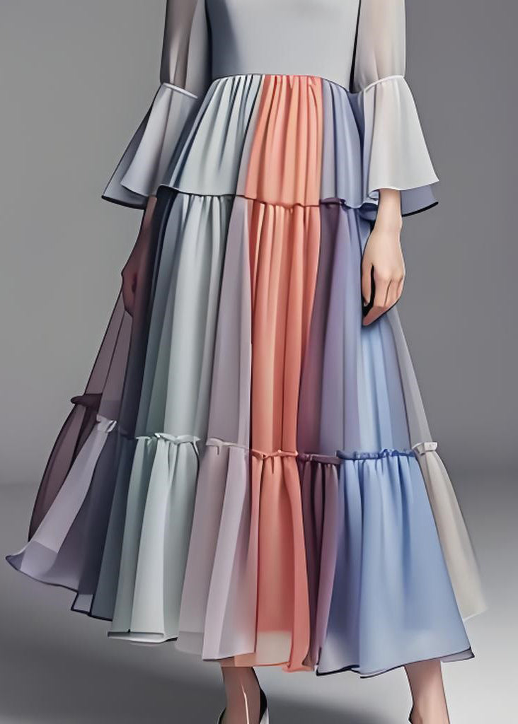 Colorblock Wrinkled Patchwork Chiffon Dress Flare Sleeve