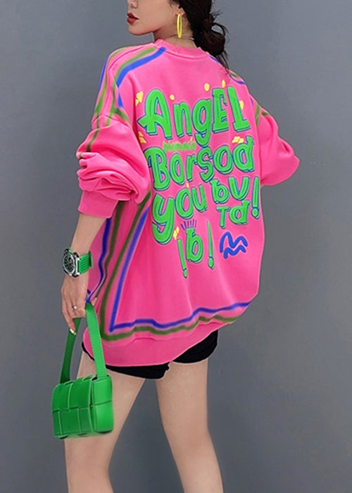 Pink O Neck Letter Printing Patchwork Cotton Sweatshirt Fall