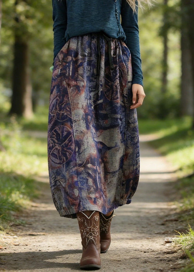Art Purple High Waist Pockets Patchwork Print Linen Skirt Summer
