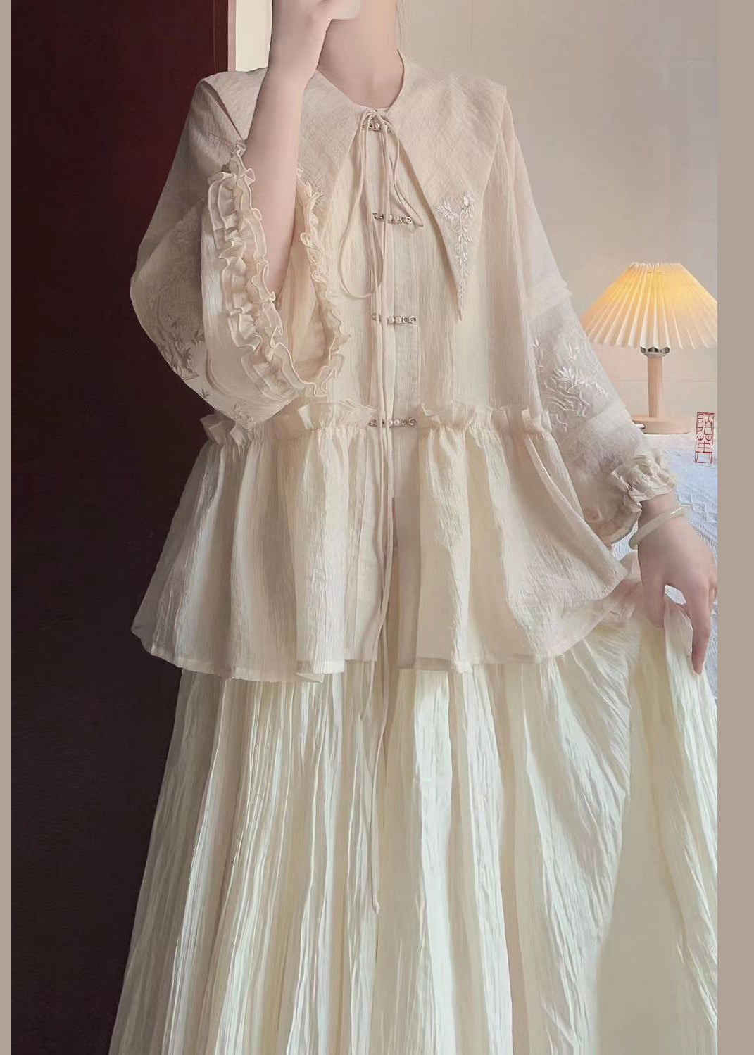 New Beige Ruffled Embroideried Lace Up Cotton Two-piece Set Spring