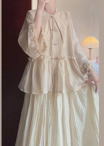 New Beige Ruffled Embroideried Lace Up Cotton Two-piece Set Spring
