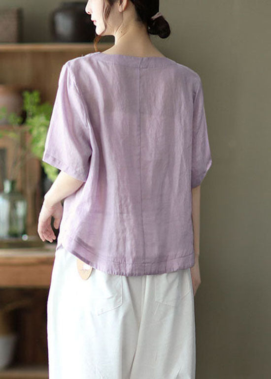 Light Purple Embroideried Linen Shirts Short Sleeve