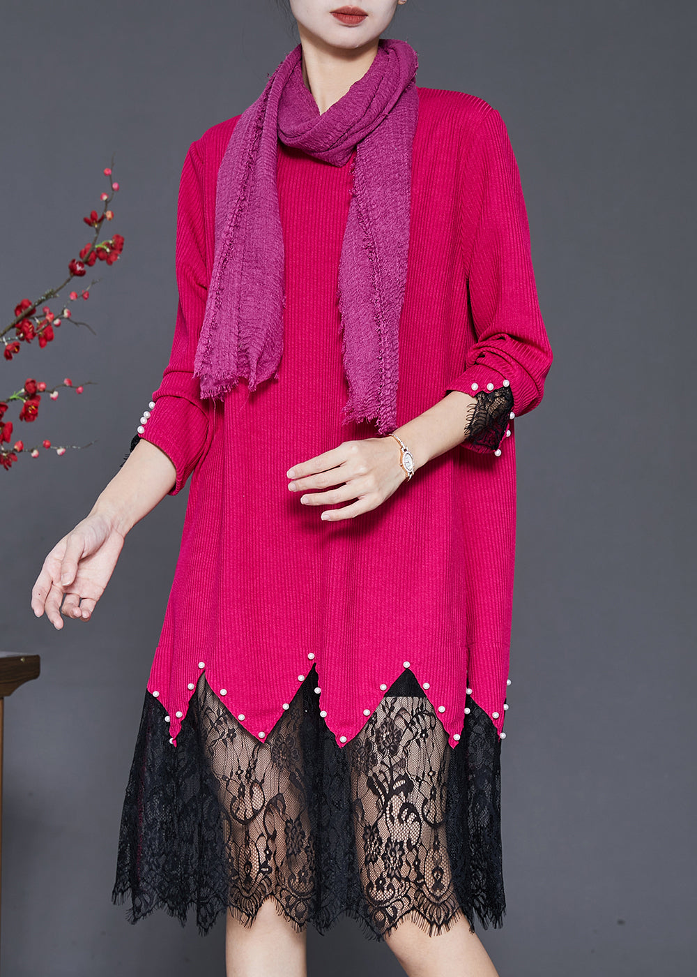 Rose Lace Patchwork Nail Bead Knit Dresses Spring