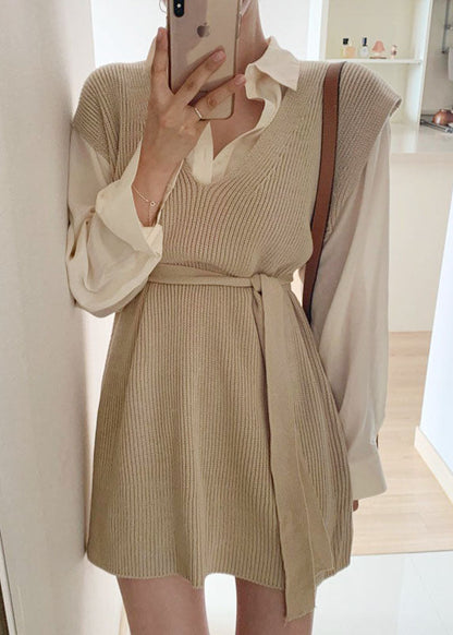 Apricot V Neck Cinched Knit Vest Sleeveless