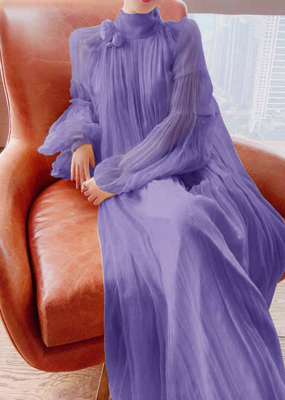 Yellow Wrinkled Patchwork Chiffon Long Dress Lantern Sleeve