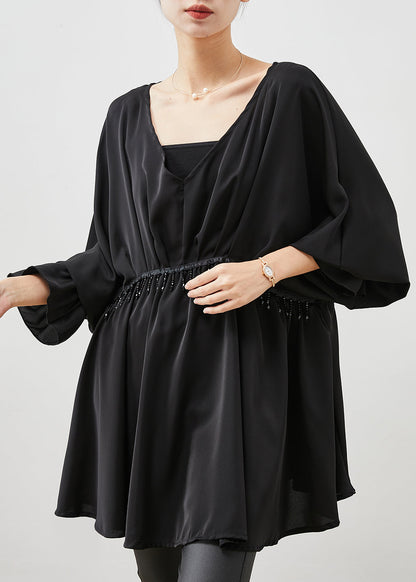 Black Tasseled Exra Large Hem Chiffon Shirt Top Spring