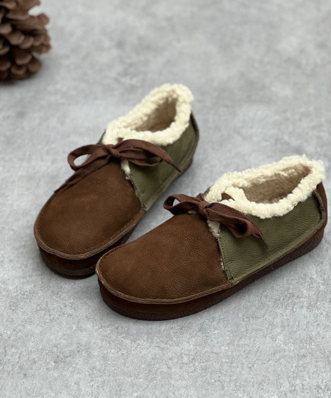 Chocolate Flat Shoes for Lace Up Fuzzy Wool Lined Flat Shoes for
