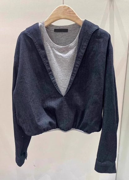 Navy O Neck Patchwork False Two Pieces Cotton Top Spring