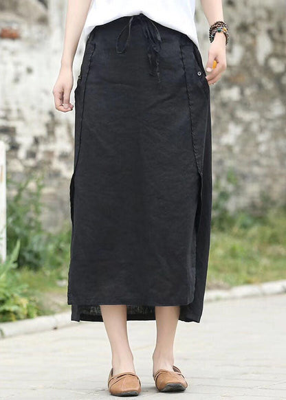 Coffee Cinched Pockets Patchwork Linen Skirts Summer