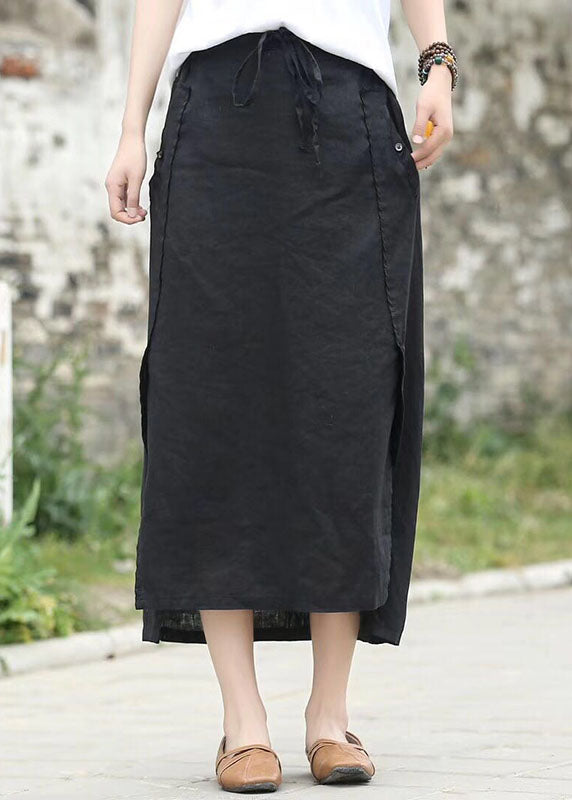 Coffee Cinched Pockets Patchwork Linen Skirts Summer