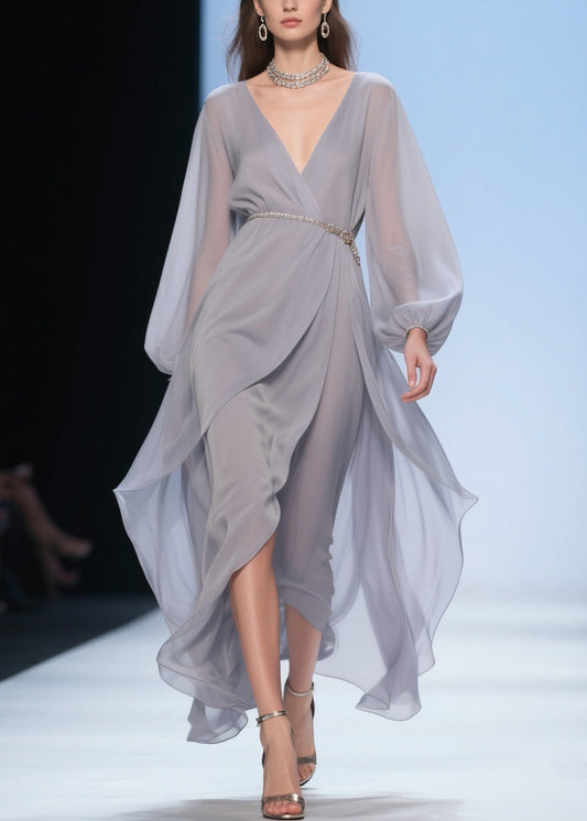 Pale Smoggy Gray V Neck High Waist Chiffon Dress Spring