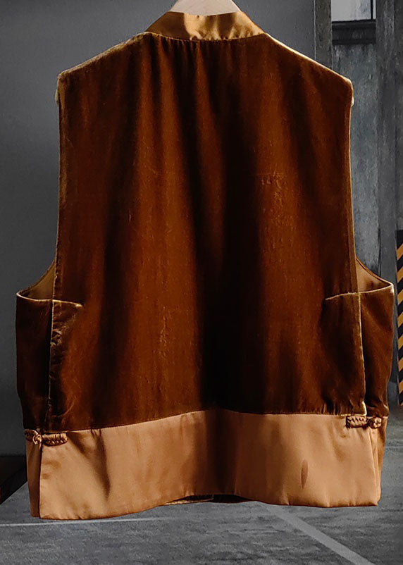 Chocolate Tasseled Patchwork Chinese Button Silk Velour Vest Sleeveless