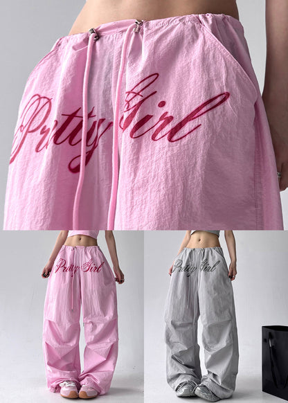 Grey Pockets Cotton Wide Leg Pants Drawstring