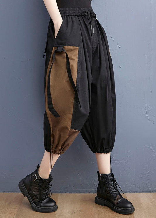 Fitted Black Asymmetrical Patchwork Cotton Spring Crop Pants