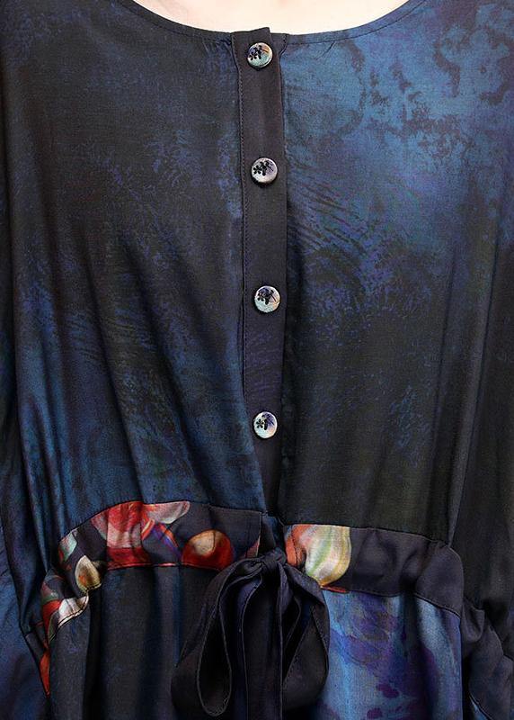 Loose Print Silk Dress Tie Waist Maxi Dress