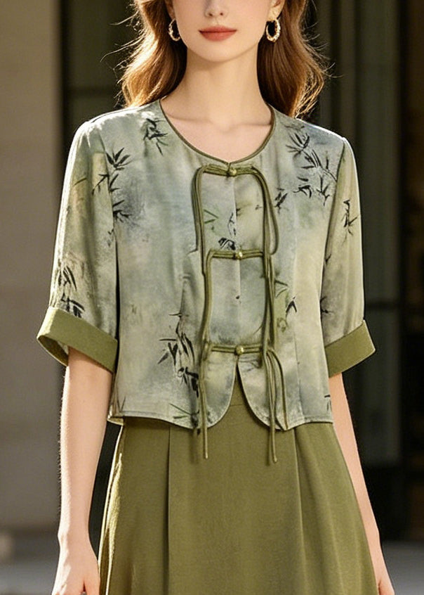 Retro Green Print Chinese Button Silk Dress Two Piece Set Summer