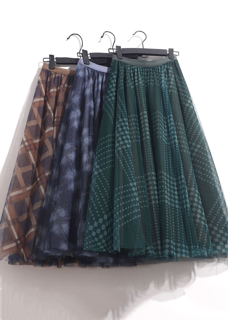 Chocolate Plaid Tulle a Line Skirt High Waist Spring