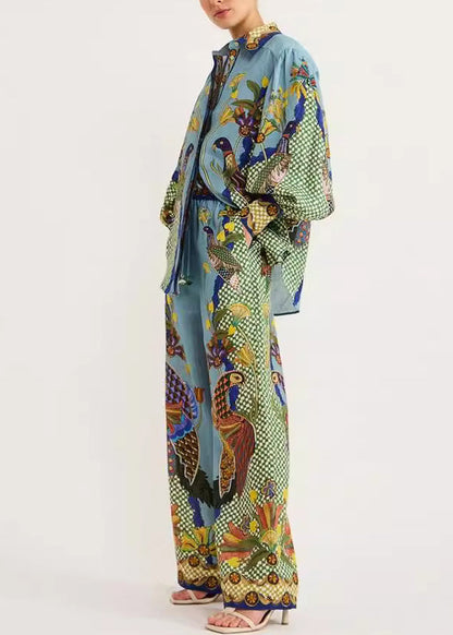 Green Peter Pan Collar Print Shirts and Wide Leg Pants Two Pieces Set Fall