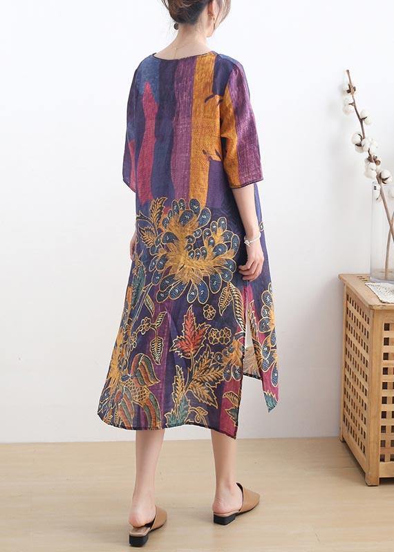 French Purple Print Side Open Summer Ramie Linen Dress