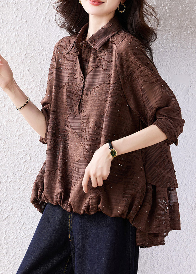 Brown Oversized Jacquard Chiffon Blouse Top Fall