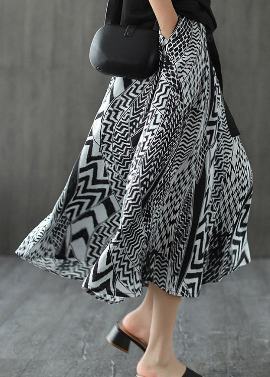 Black White Print Patchwork Pockets Elastic Waist Linen Skirt Summer