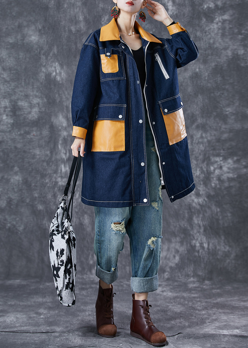 Navy Oversized Patchwork Pockets Denim Coat Outwear Fall